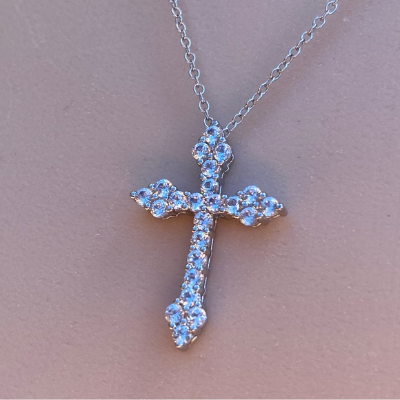 14k white gold over 925 white lab sapphires Cross necklace - Picture 4 of 16